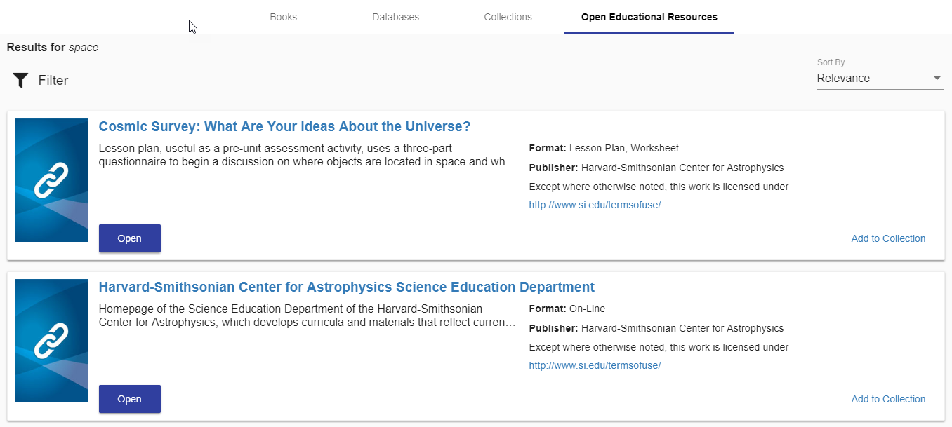 Search results page showing Open Educational Resources tab